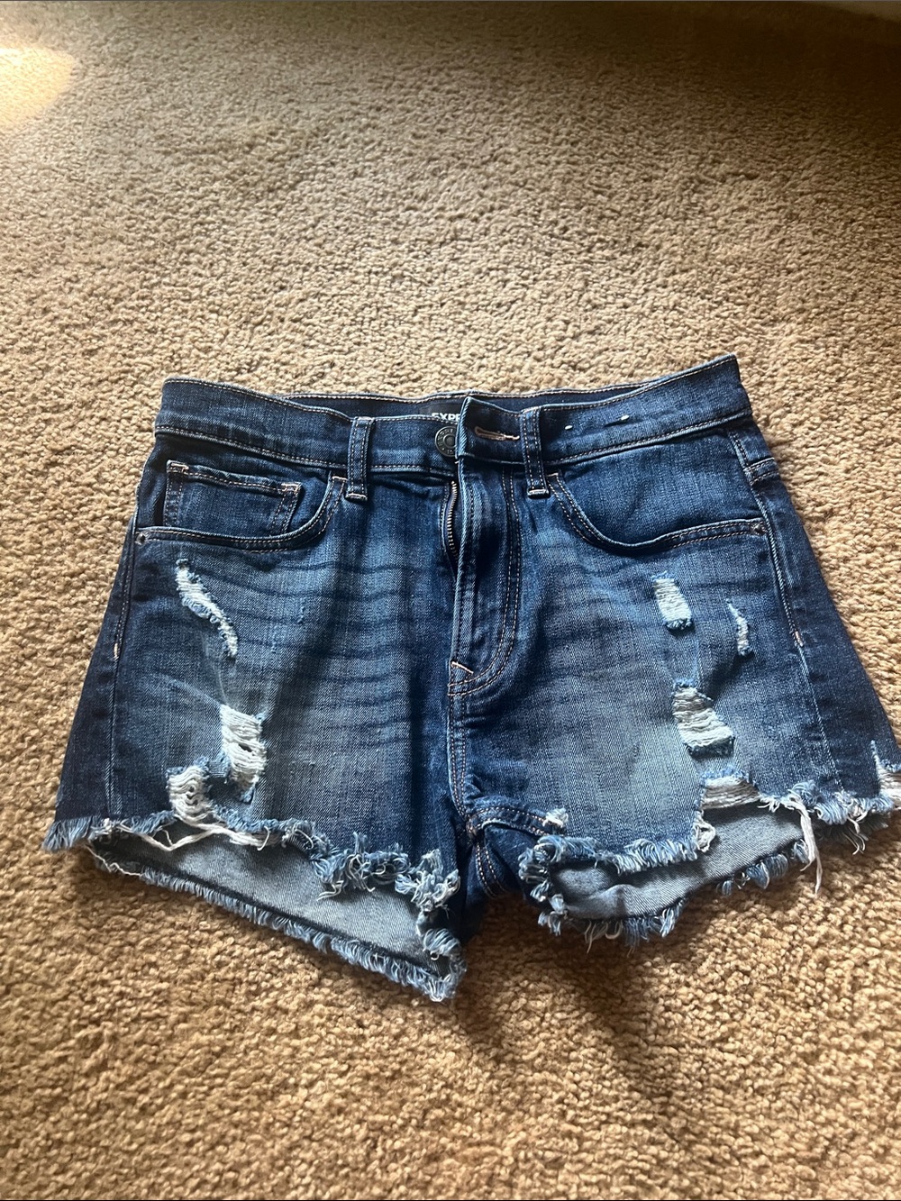 Express High Rise Shortie Distressed Denim Shorts